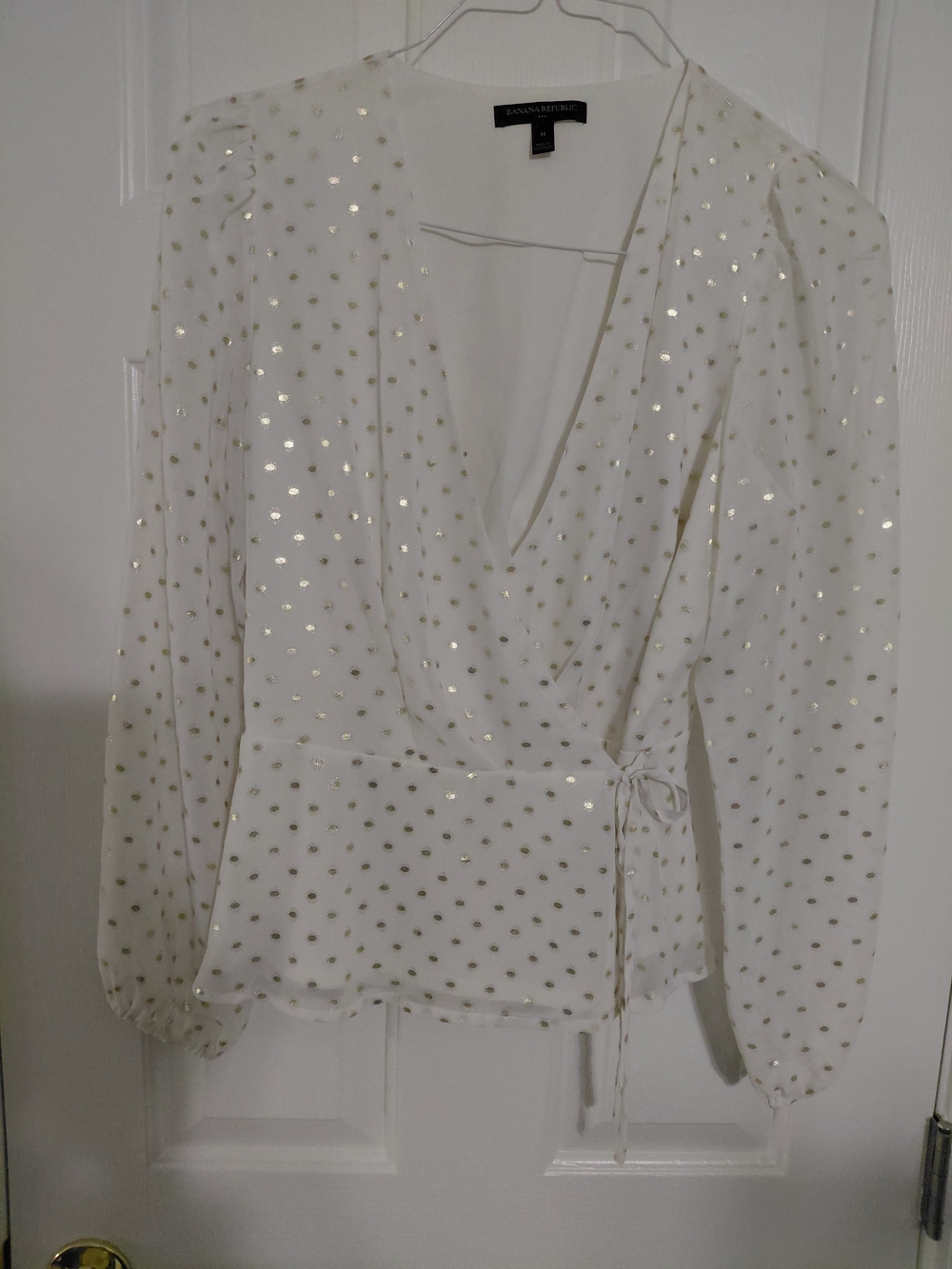Banana Republic White Wrap Blouse with Gold Dot Accents